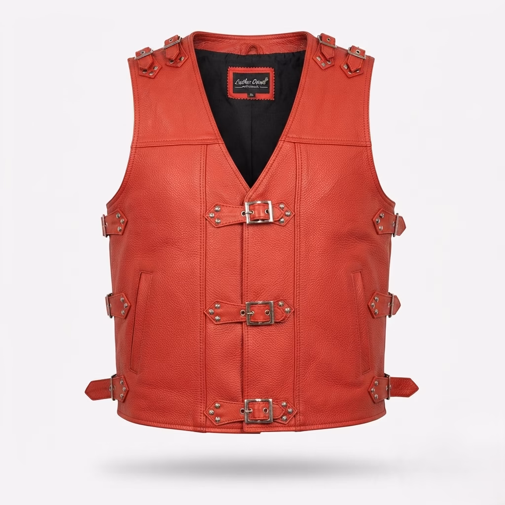 Red Buckled Leather Vest