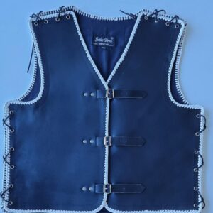 Black leather vest with white braids