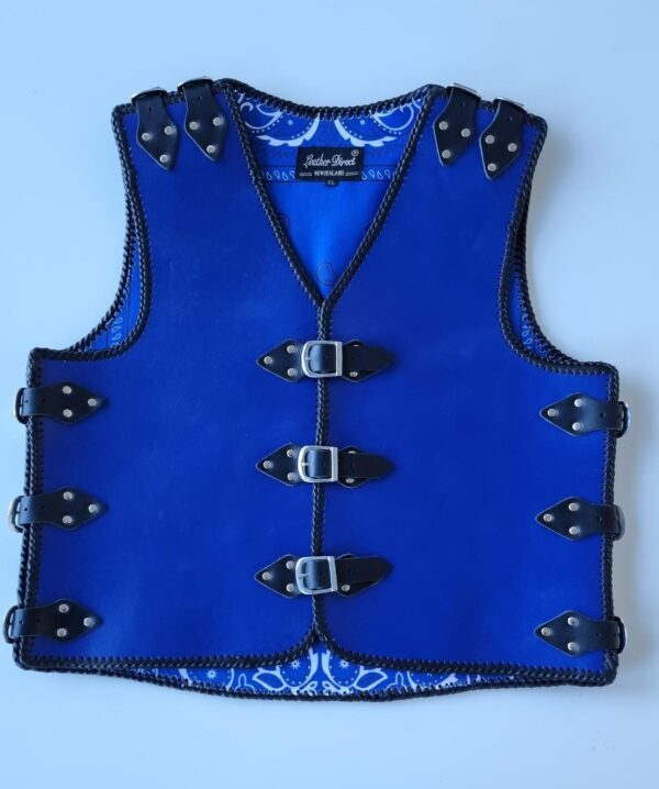Blue leather vest with black straps